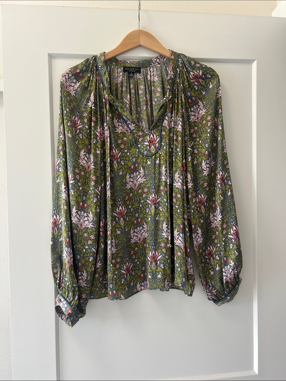 Current Air Olive Green Floral V-Neck Peasant Blouse with Pink Accents